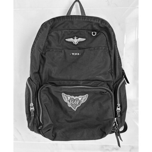 Tumi Black Backpack With Love Patch Wing Embroidery Zippered Pockets - Picture 1 of 12